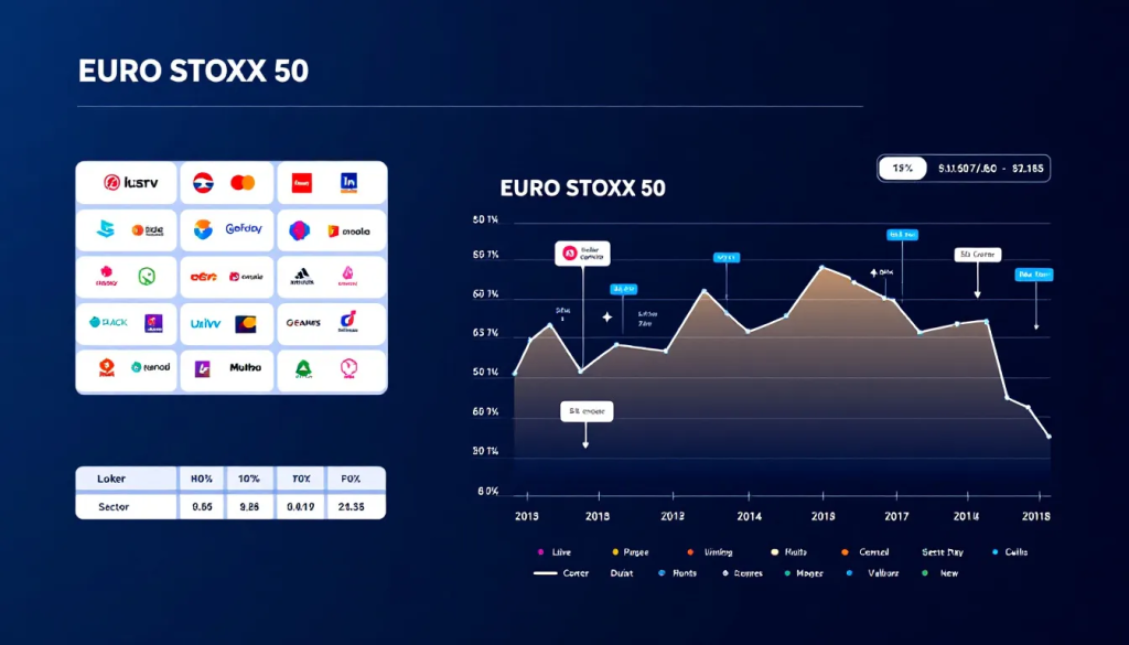 EURO STOXX 50 Index, displays historical market performance data and company logos.