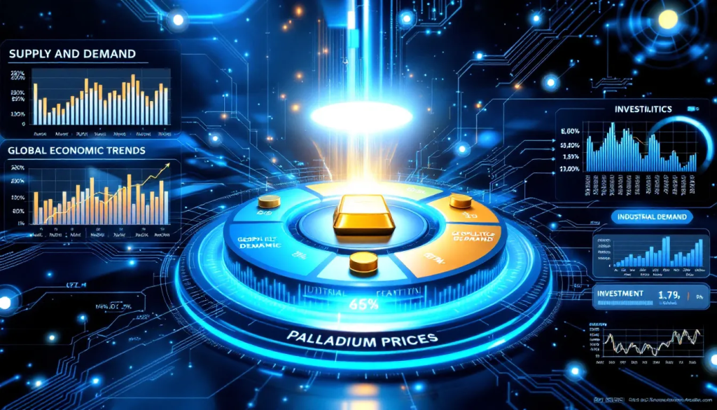 Factors Influencing Palladium Prices, displays a digital dashboard with market data visualizations.