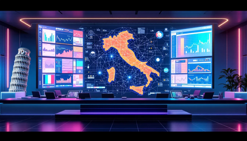 Futures Contracts in Italy, displays a high-tech financial monitoring dashboard and map.