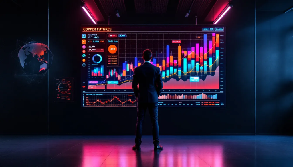 How to Start Trading Copper Futures, features a professional analyzing financial charts.