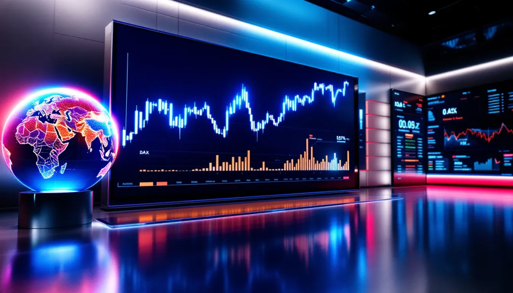 This graphic, Impact of Global Markets on the DAX, shows real-time financial trading data.
