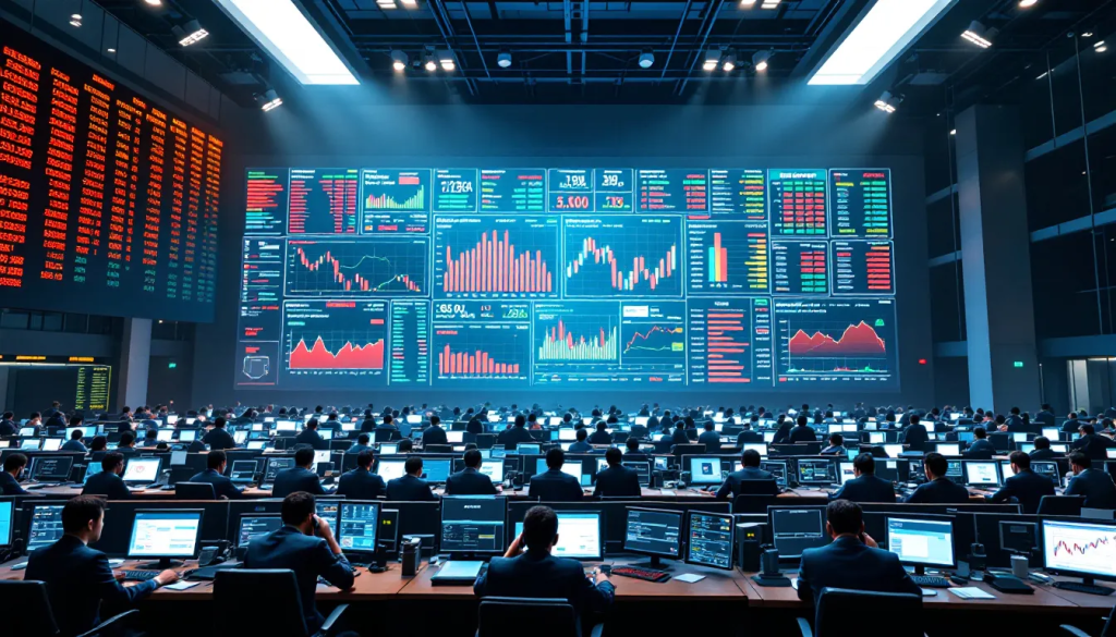 Traders monitor real-time data in Indonesia’s Futures Market on a large digital screen.
