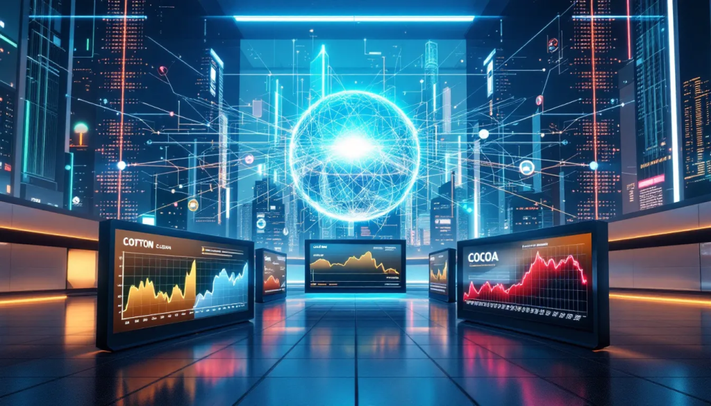 This digital graphic illustrates the Key Features of Soft Commodities and market price trends.