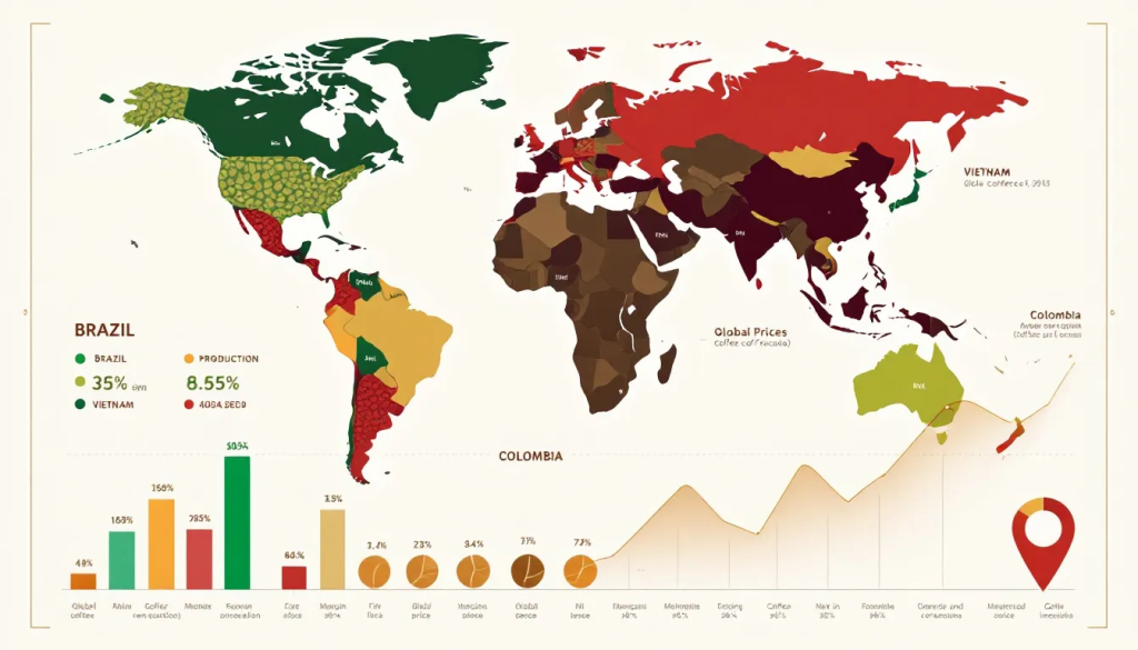This detailed map highlights Major Coffee Producing Regions and global commodity production statistics today.