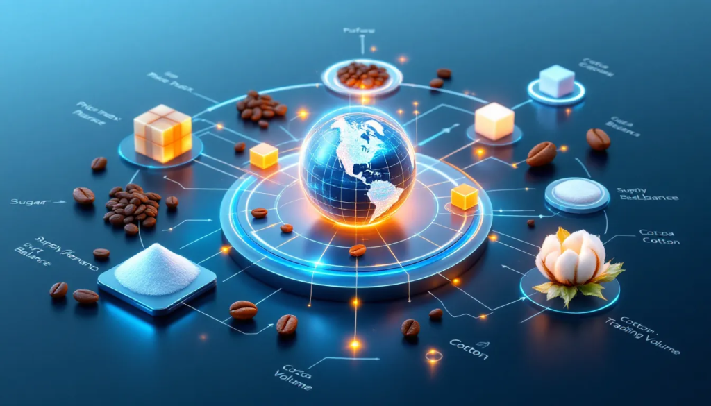 This digital graphic illustrates complex Market Dynamics in Soft Commodities and global trade connections.