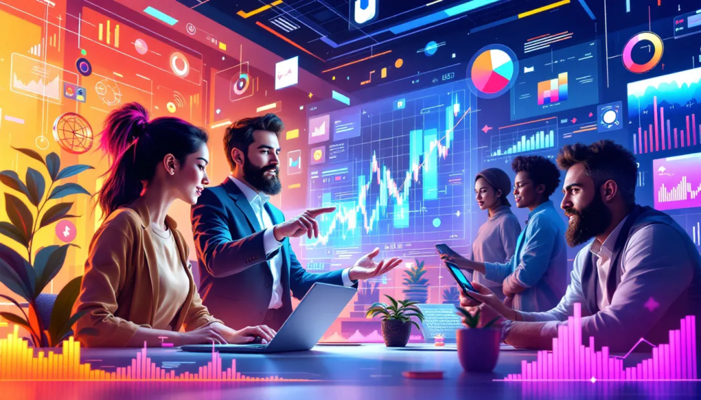A diverse group of financial professionals collaborates while analyzing complex real-time market data charts.