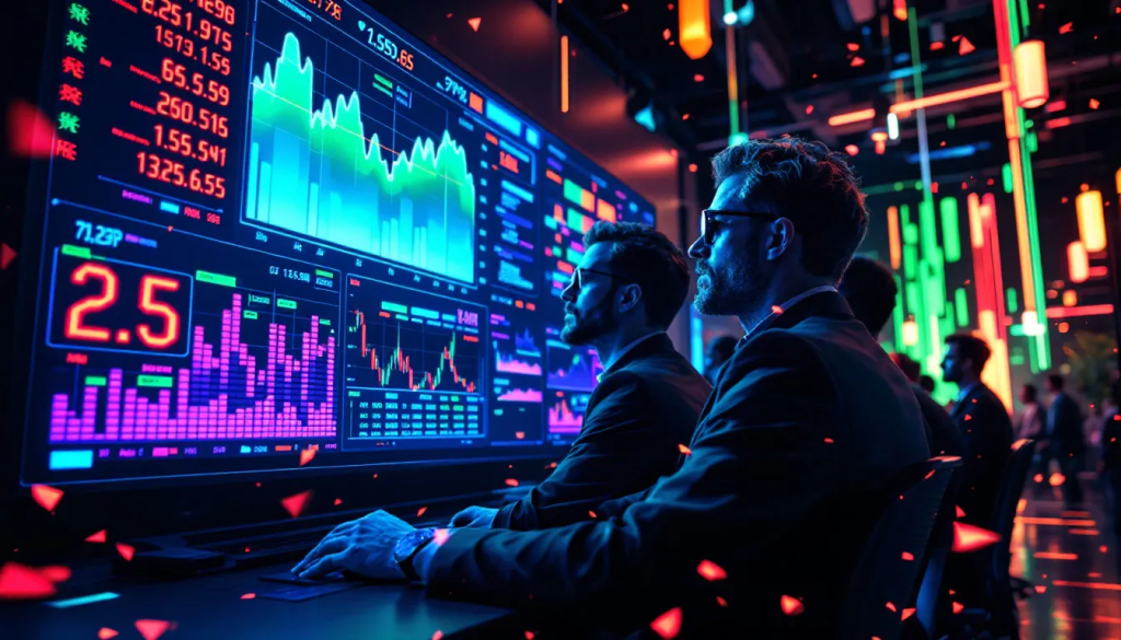 Market Participants, shows traders monitoring complex financial charts in a professional environment.