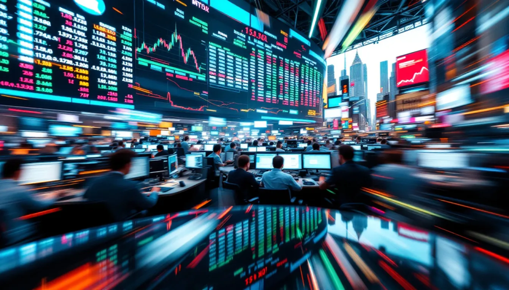 Monitoring Market Trends, shows traders reviewing large digital financial stock market displays.