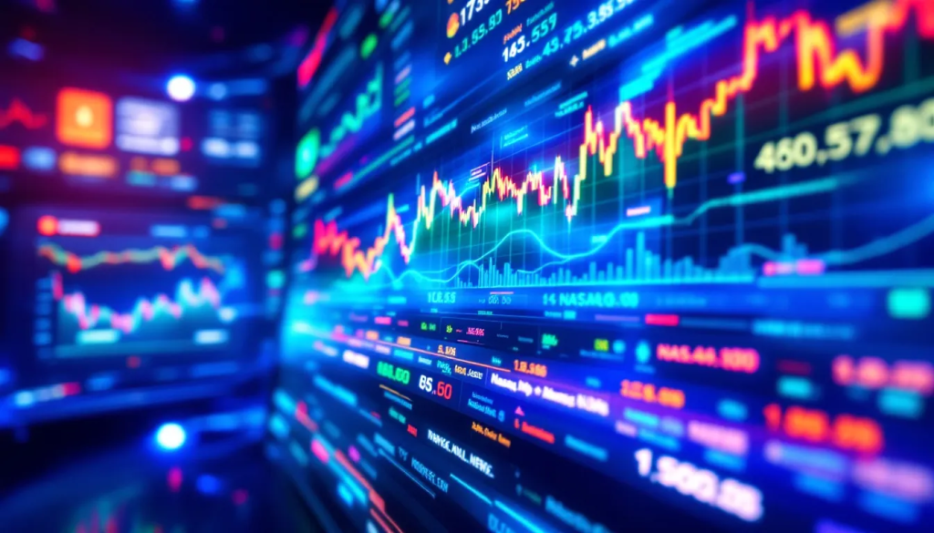 Nasdaq 100 Trading Products, shows complex digital charts for financial market analysis.