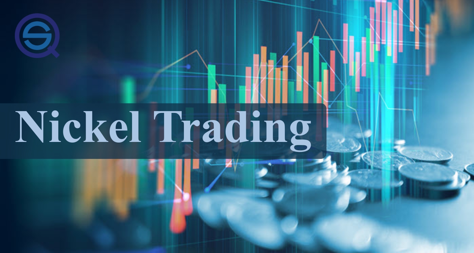 Nickel Trading, displays financial charts over coins representing global commodity market trends.
