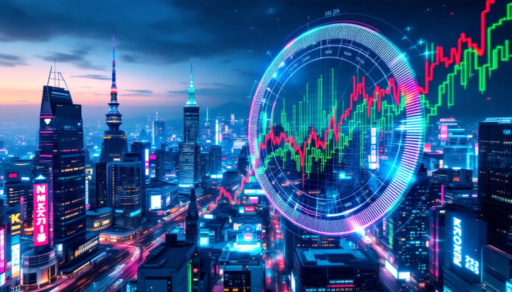 This graphic, Nikkei 225 Index, shows a glowing digital chart over a futuristic city.