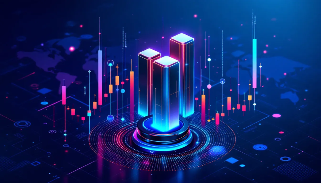 Platinum Futures, shows glowing digital pillars representing global financial market data trends.