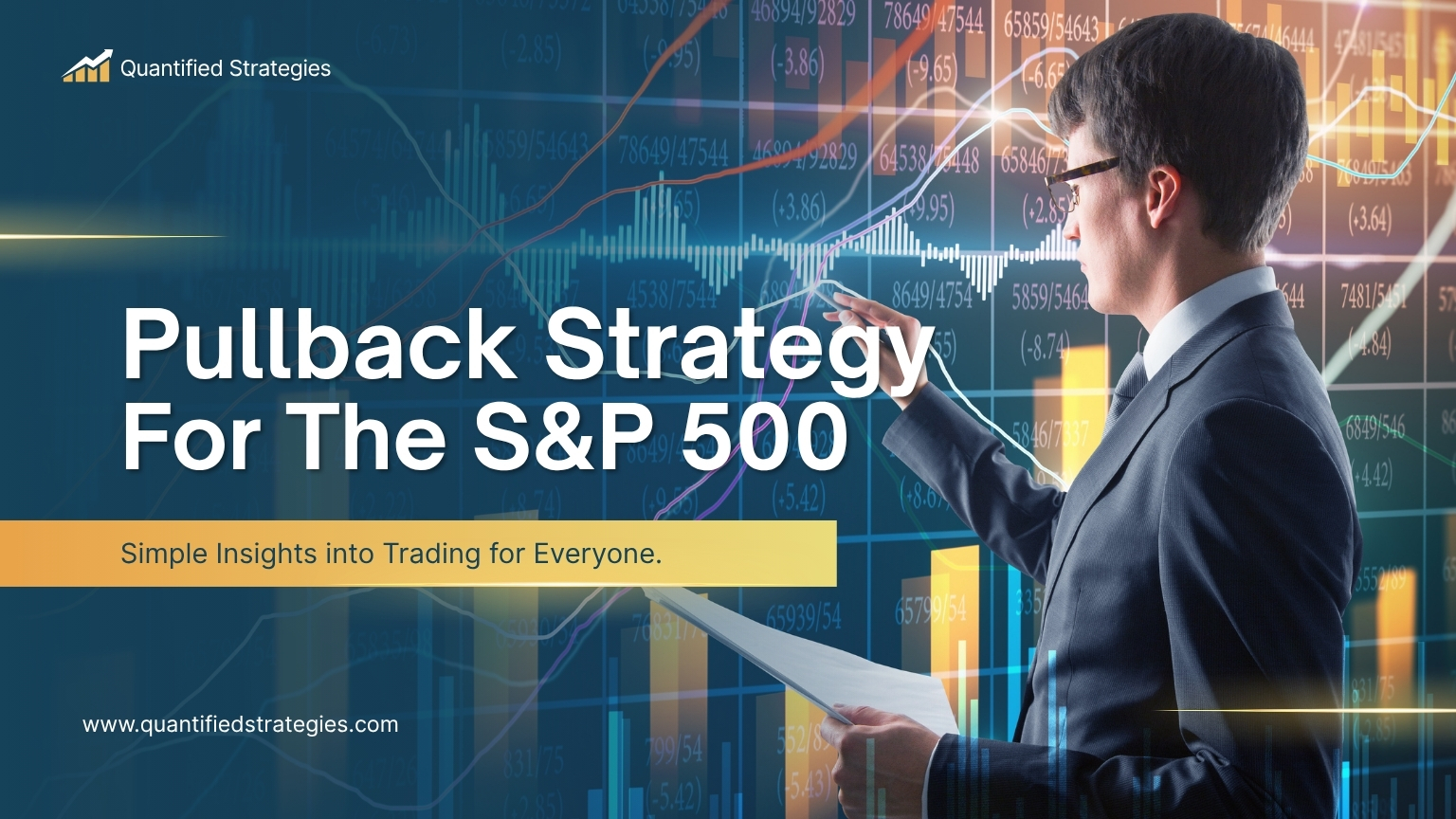 A professional financial analyst in a suit observing and interacting with a complex digital overlay of S&P 500 candlestick charts, histograms, and trend lines, representing quantitative pullback analysis.