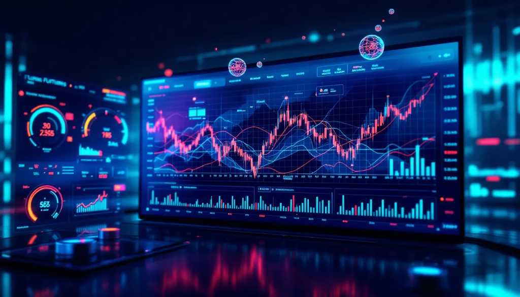 Digital screens display Real-Time Data and Analysis Tools for tracking futures market trading trends.