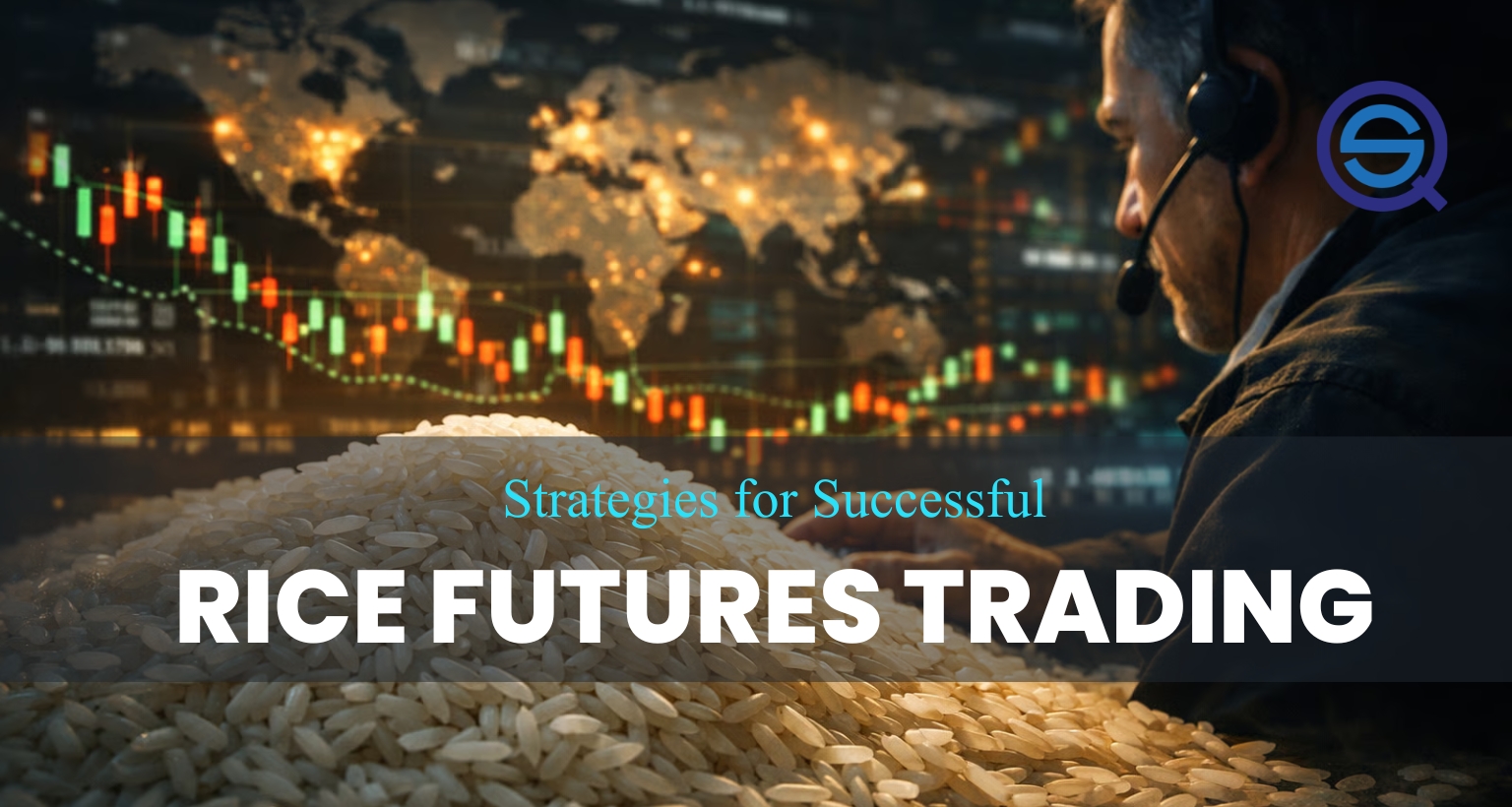 Rice Futures Trading, features a trader monitoring global market data and trends.