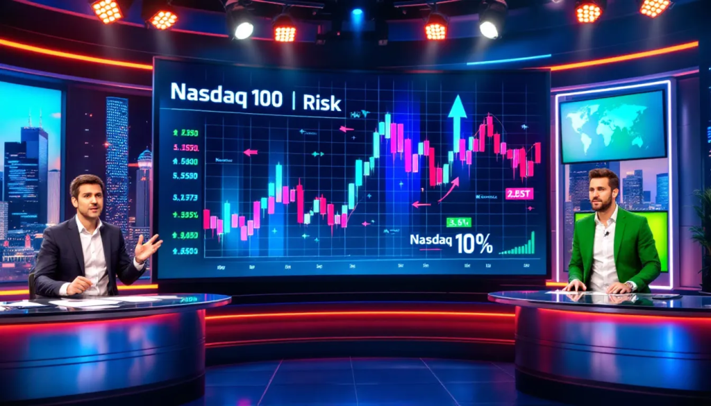 Risk Management in Nasdaq 100 Trading, shows two anchors presenting market trends.