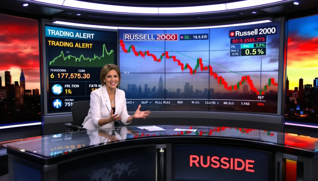 This graphic, Russell 2000 Futures Trading, shows a news anchor presenting index market data.