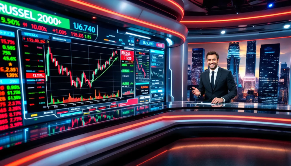 Russell 2000 Index, shows a financial news anchor presenting stock market data.