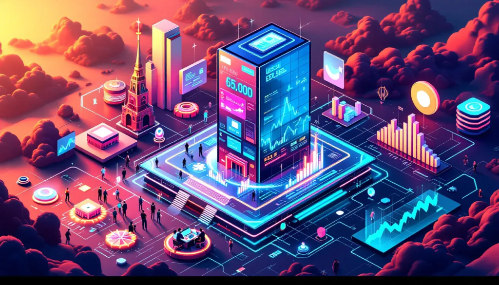 Russia’s Futures Market, displays a digital city model showing financial trading data.