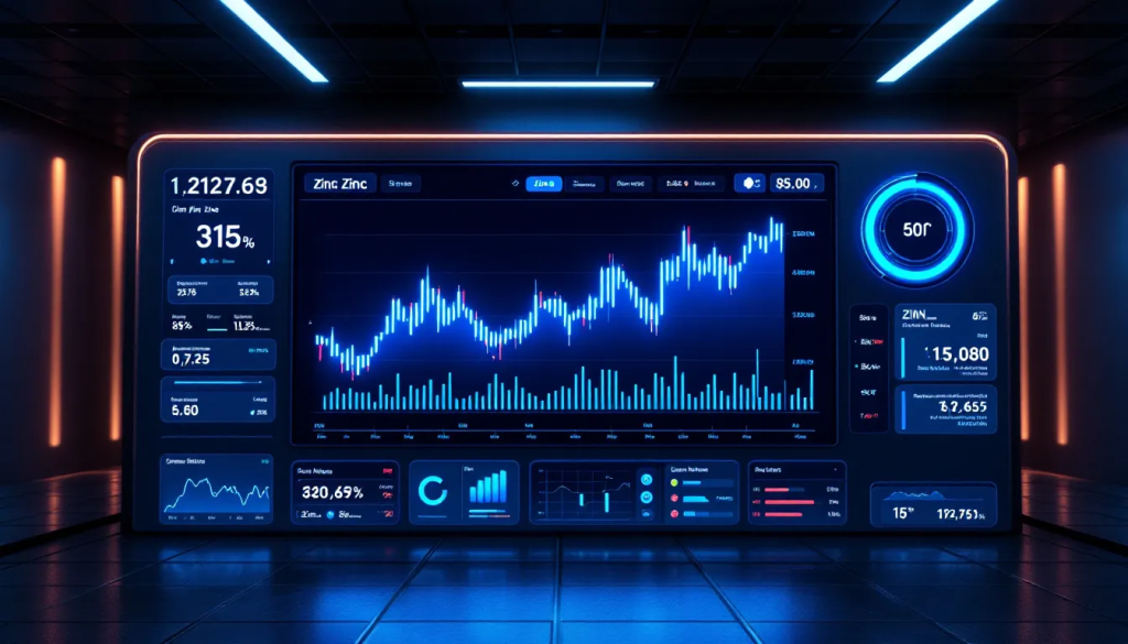 Strategies for Successful Zinc Trading, displays a digital dashboard with market data.