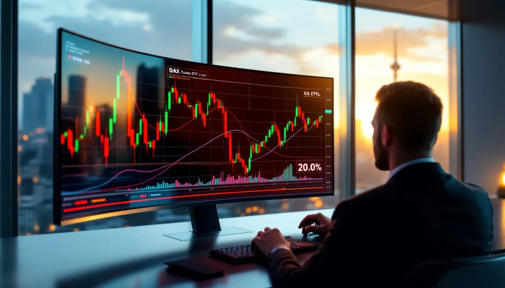 This graphic, Trade DAX with ETFs and Derivatives, shows a trader monitoring market data.