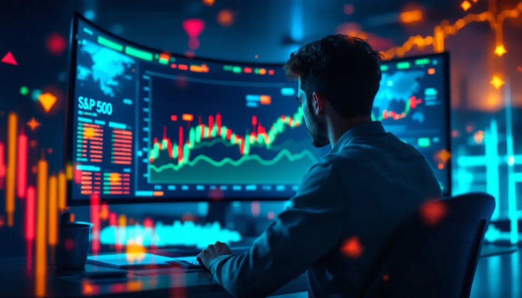 Trade the S&P 500, features a focused trader analyzing complex market charts.