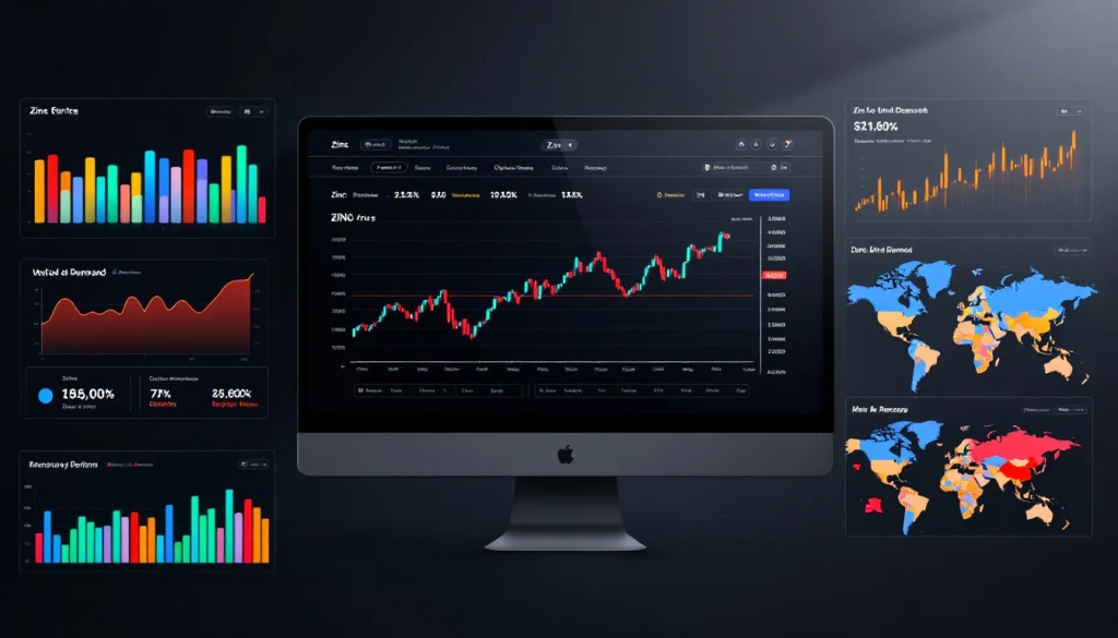 Understanding Zinc Trading, shows a computer monitor displaying various financial market charts.