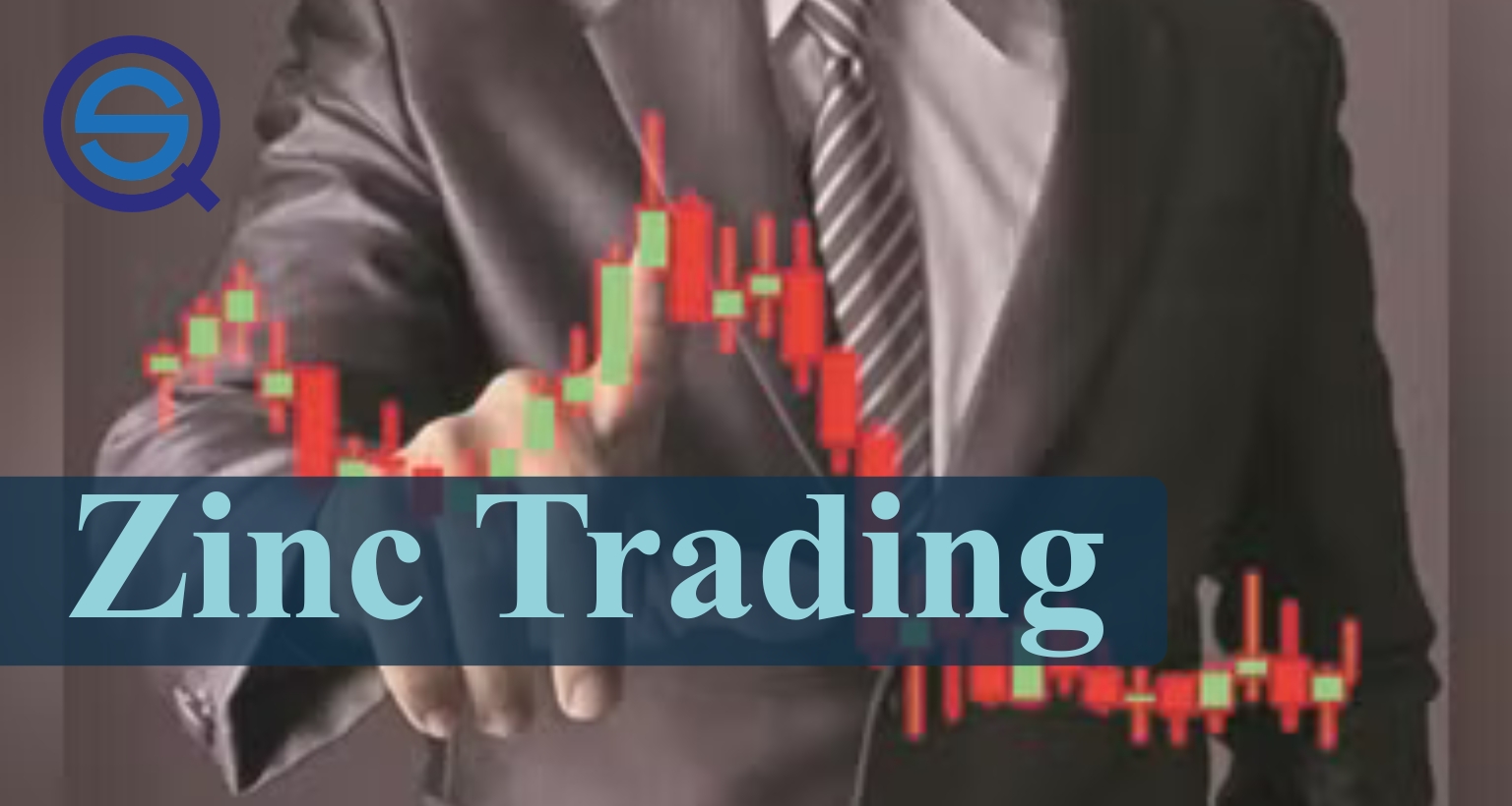 Zinc Trading, features a professional pointing toward complex financial candlestick chart data.