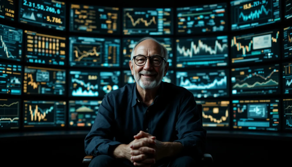 An older man with glasses sits smiling with folded hands in front of financial monitors.