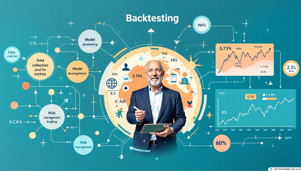 A smiling man stands before a backtesting flowchart filled with financial market data.