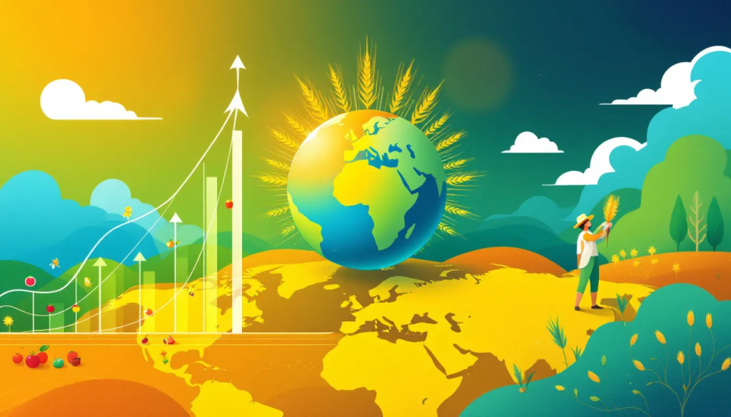 Accessing Global Markets, depicts a farmer observing growth in agricultural commodity trends.