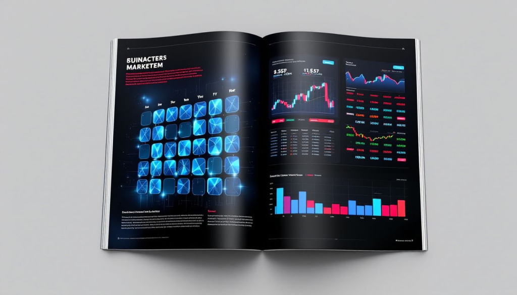 An open book displays advanced double calendar spread strategies and detailed financial market charts.