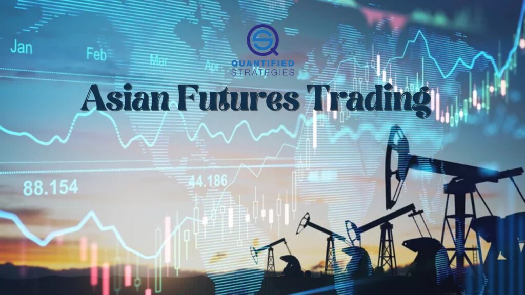 Asian Futures Trading, displays financial market data overlaid on oil pump silhouettes.