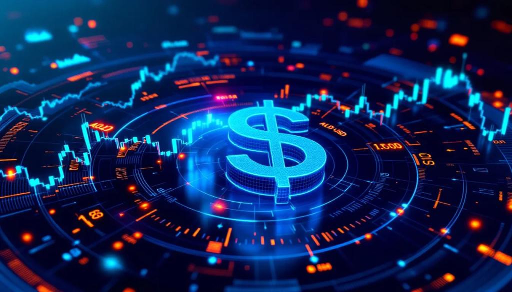 Australian Dollar Futures, showcases glowing financial charts and market data visualization technology.