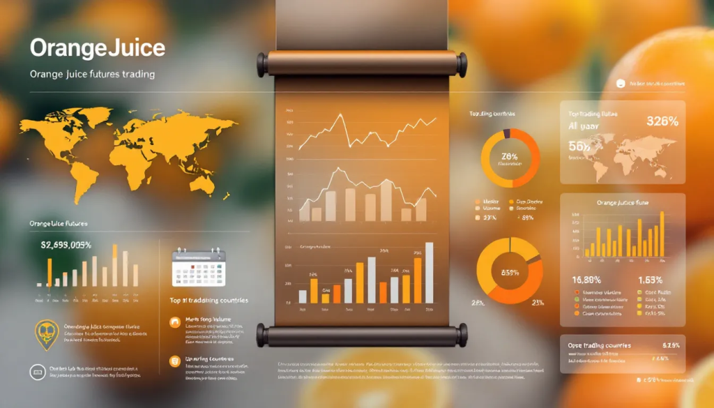 The image, Basics of Orange Juice Futures Trading, presents market data charts and analytics.