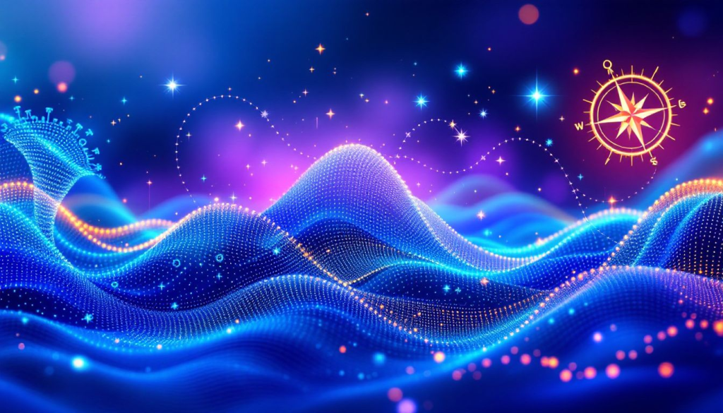 A glowing digital landscape with a compass highlights the benefits and challenges of trading.
