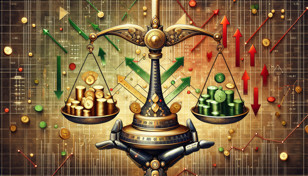 An ornate balance scale holding stacks of coins against a backdrop of financial charts.