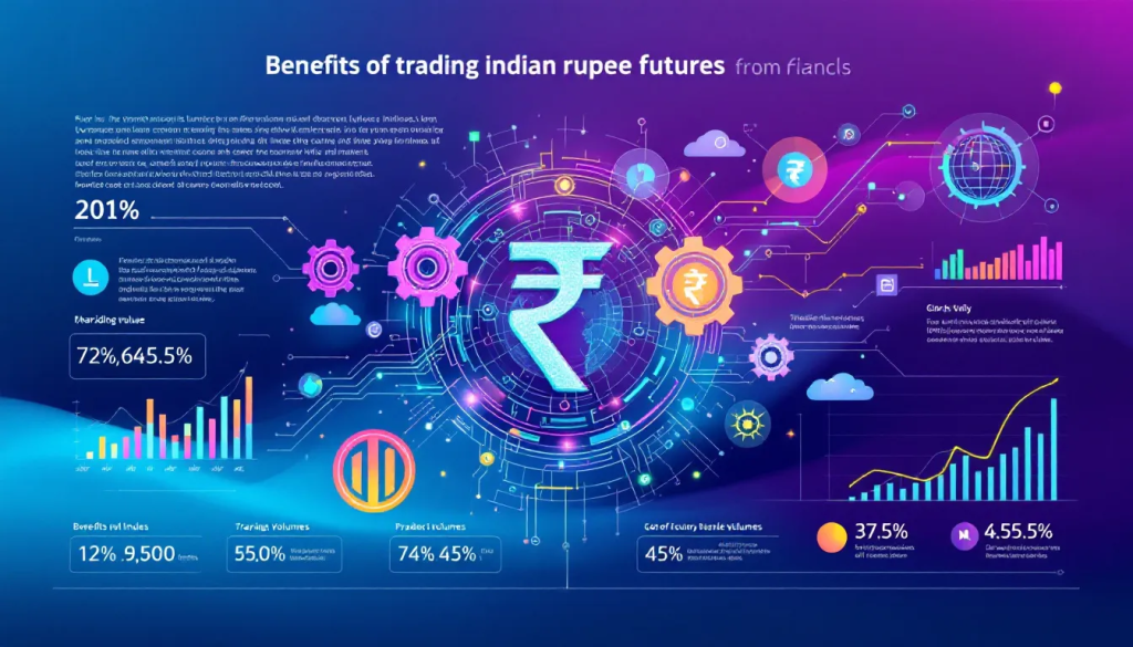 Benefits of Trading Indian Rupee Futures, shows digital financial data and charts.