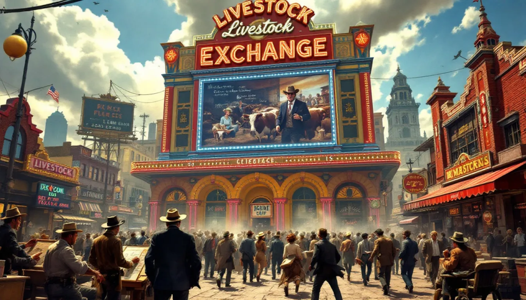 Benefits of Trading Live Cattle Futures image shows a bustling historic livestock exchange market.
