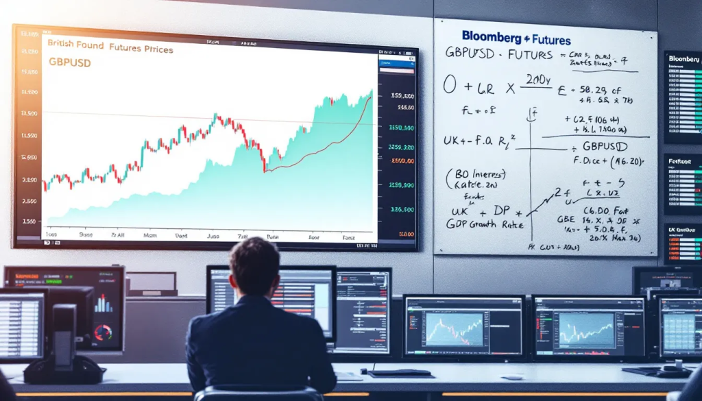 British Pound Futures, shows a trader analyzing financial market data and charts.