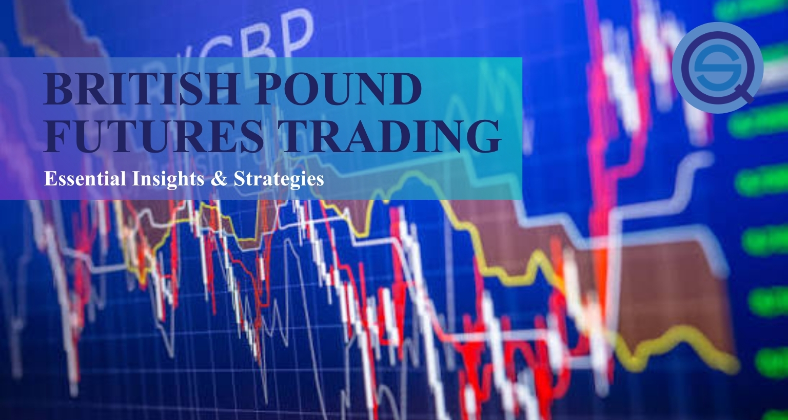 British Pound Futures Trading, features a blue financial market chart with text.