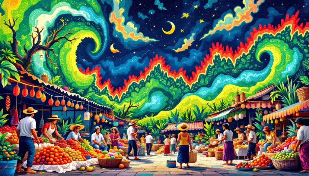 Challenges in Coffee Trading, illustrates a vibrant outdoor market under starry skies.
