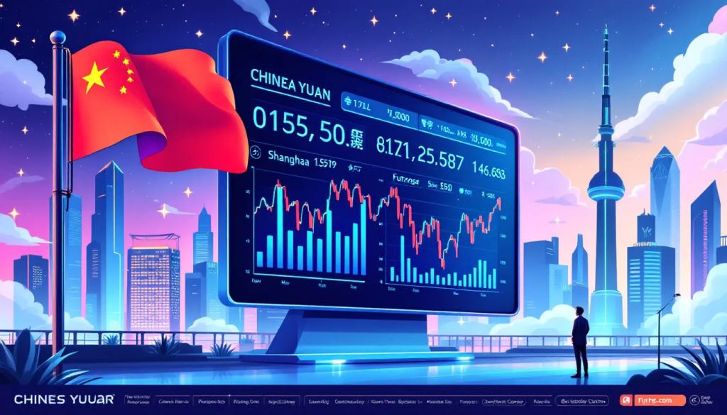 Chinese Yuan Futures, shows a glowing digital screen displaying market data trends.