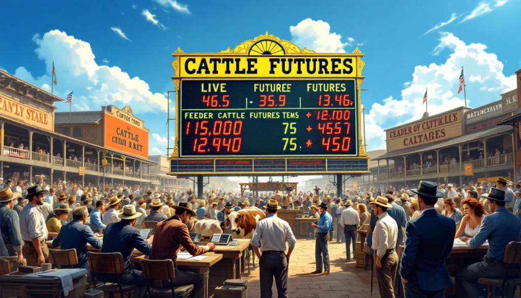 Comparing Live Cattle Futures with Feeder Cattle Futures image displays a market board.
