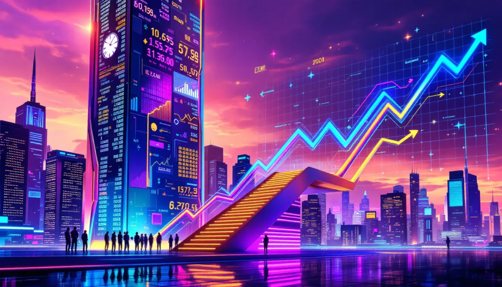 Contango and Backwardation, displays financial charts and skyscrapers in a neon cityscape.
