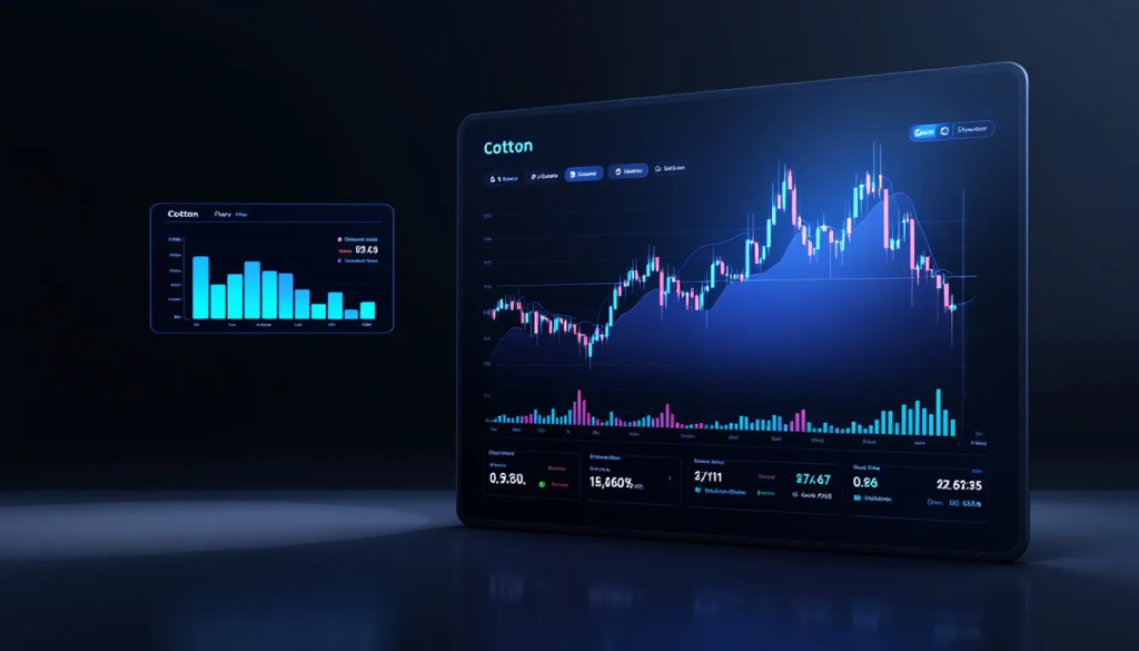 Cotton Futures, displays digital financial charts analyzing agricultural commodity market price trends.