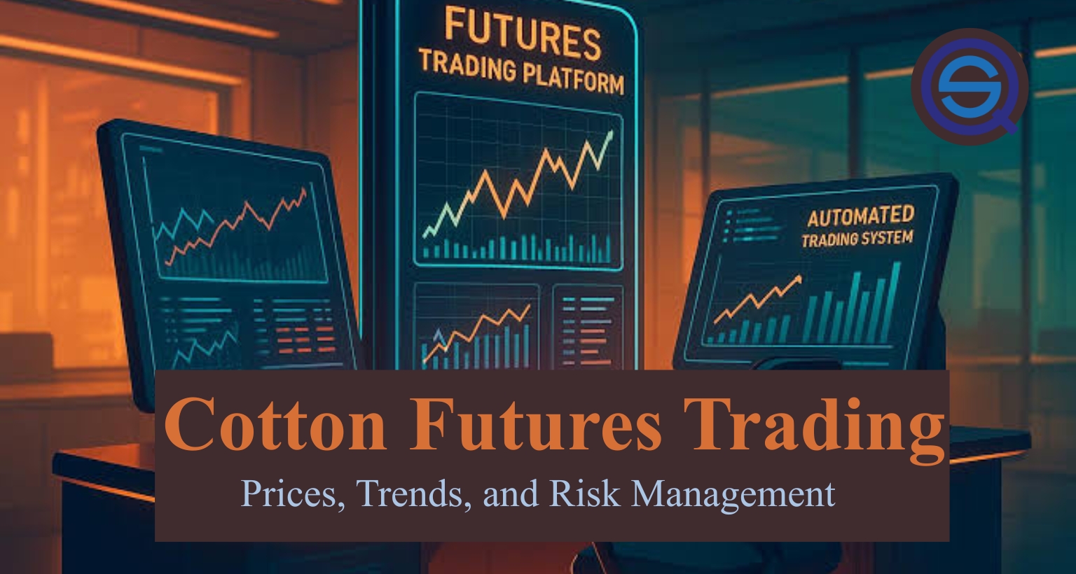 Cotton Futures Trading, displays digital dashboards analyzing complex agricultural commodity market trends.