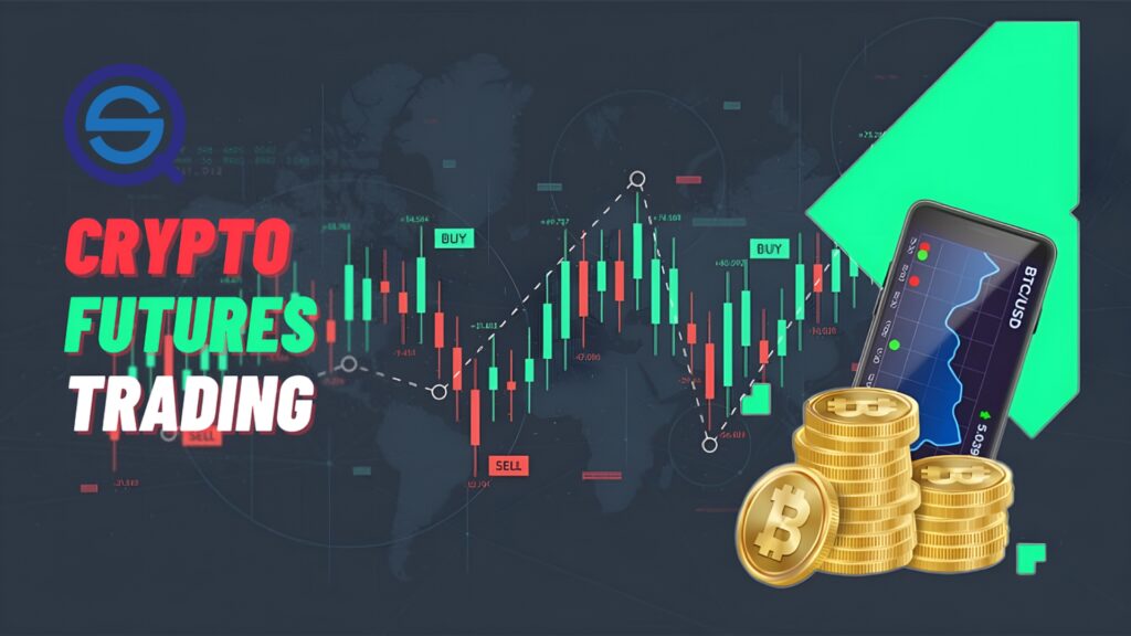 Cryptocurrency Futures Trading, shows gold coins and a mobile trading app display.