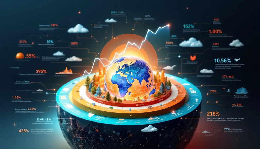 A multi-layered glowing globe displays comprehensive risk management and global market data.