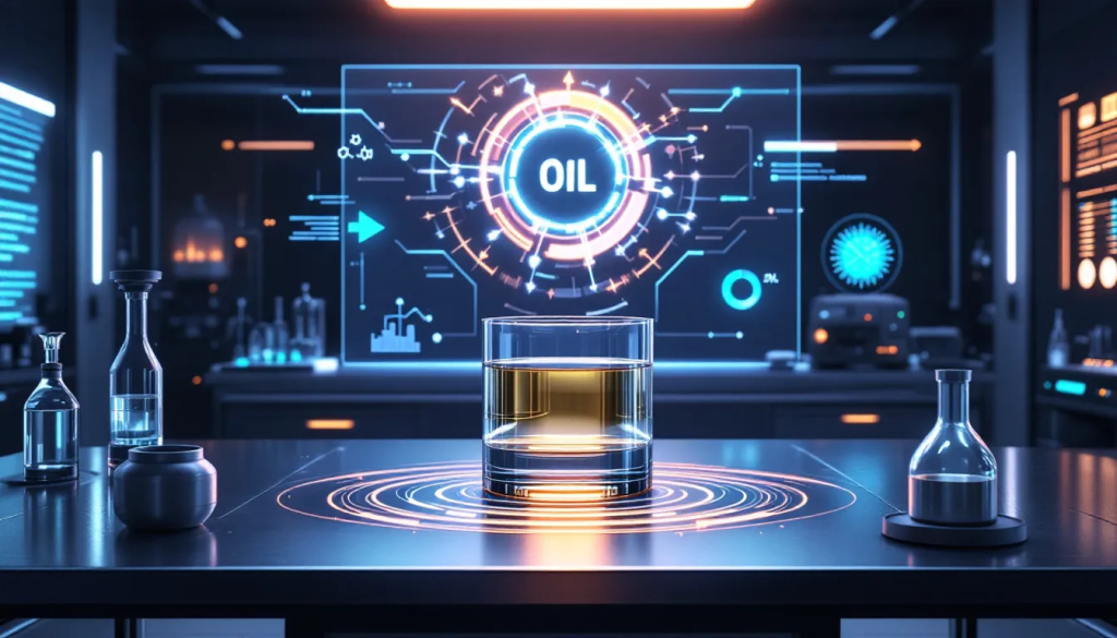 A sample of heating oil rests on a high-tech lab table with digital diagnostics.